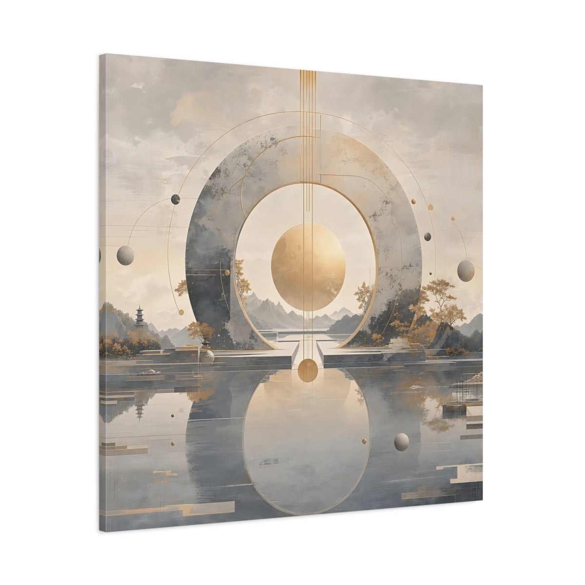 Side Mockup 1. Abstract Celestial Sphere Golden Sphere shown as stretched canvas wall art