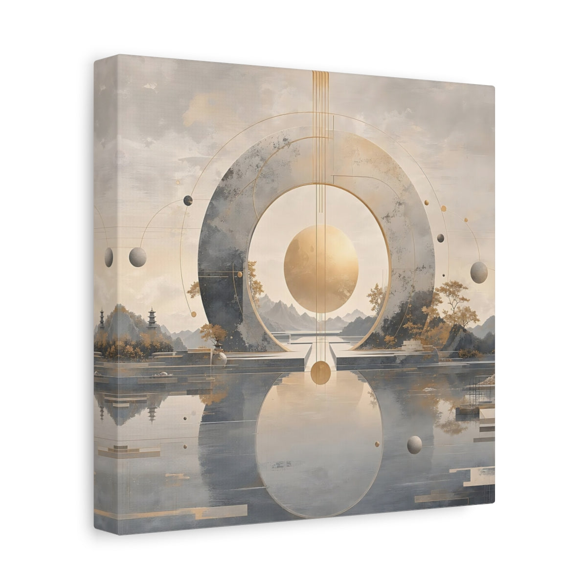 Side Mockup 9. Abstract Celestial Sphere Golden Sphere shown as stretched canvas wall art