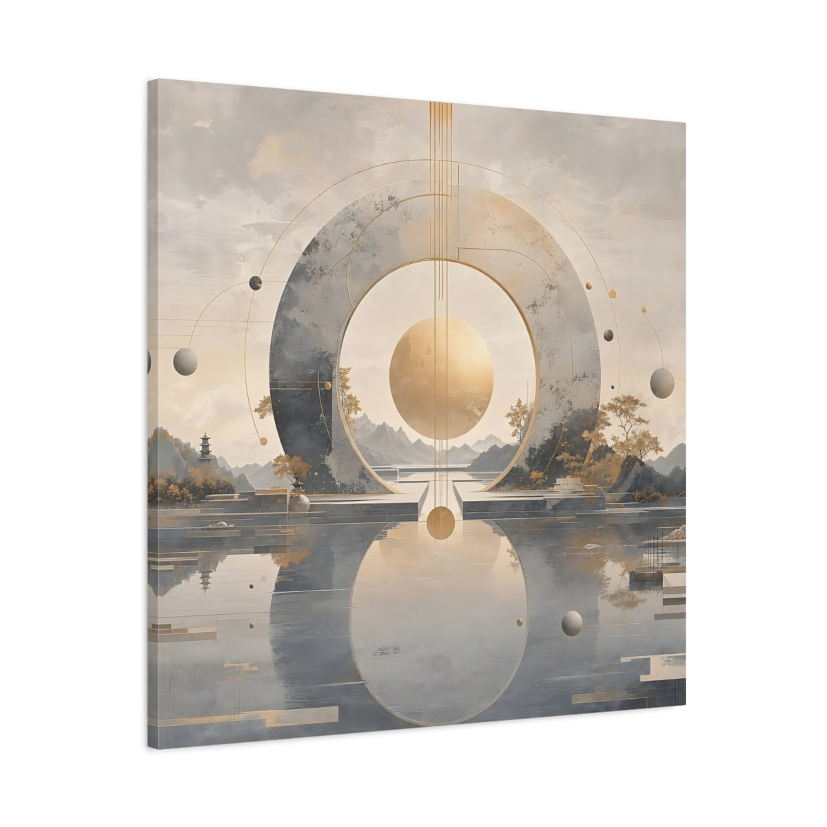 Main Mockup. Abstract Celestial Sphere Golden Sphere shown as stretched canvas wall art