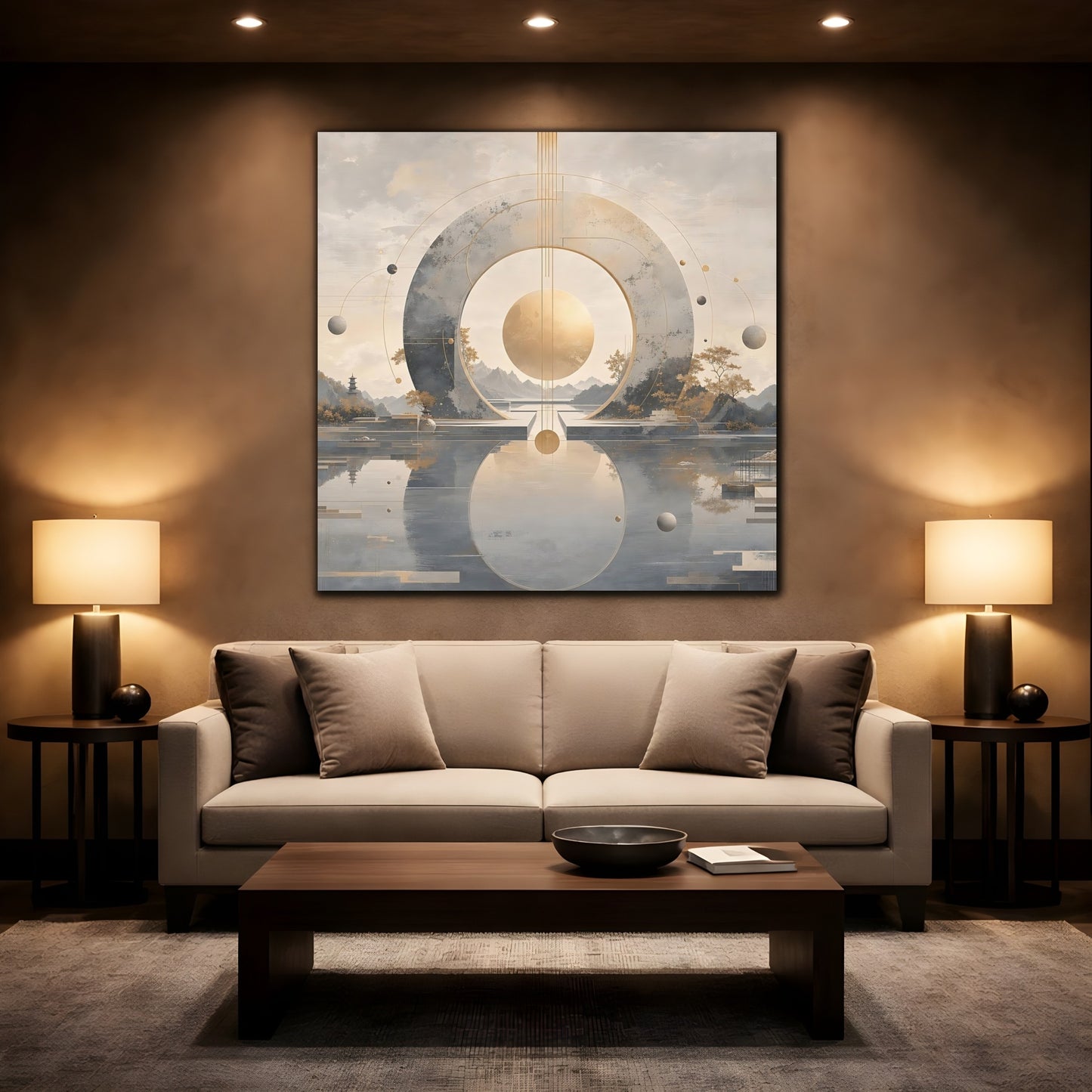 Mockup 2. Abstract Celestial Sphere Golden Sphere shown as stretched canvas wall art