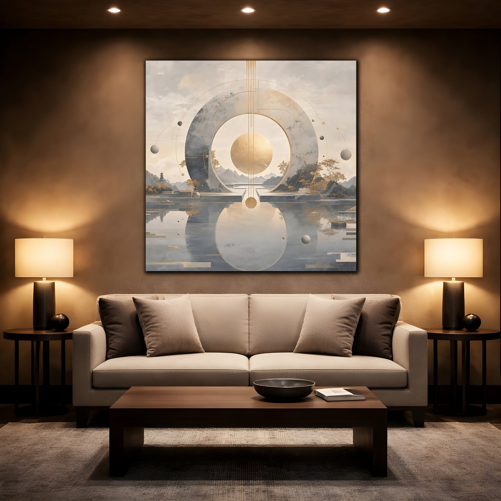 Mockup 2. Abstract Celestial Sphere Golden Sphere shown as stretched canvas wall art