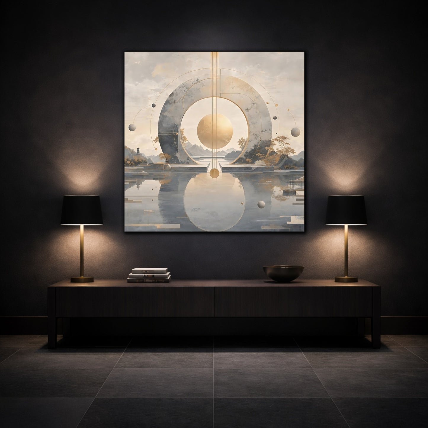 Mockup 3. Abstract Celestial Sphere Golden Sphere shown as stretched canvas wall art