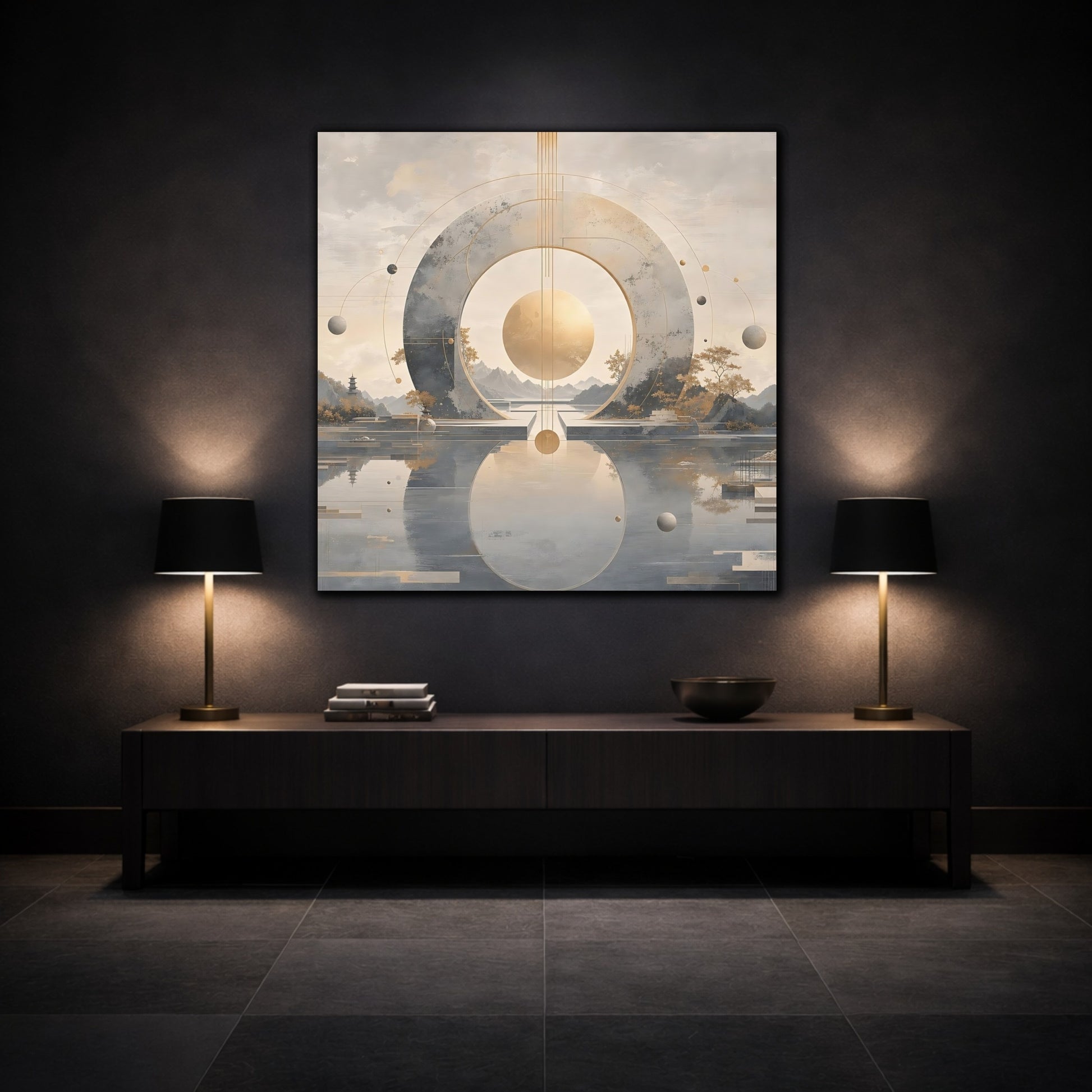 Mockup 3. Abstract Celestial Sphere Golden Sphere shown as stretched canvas wall art