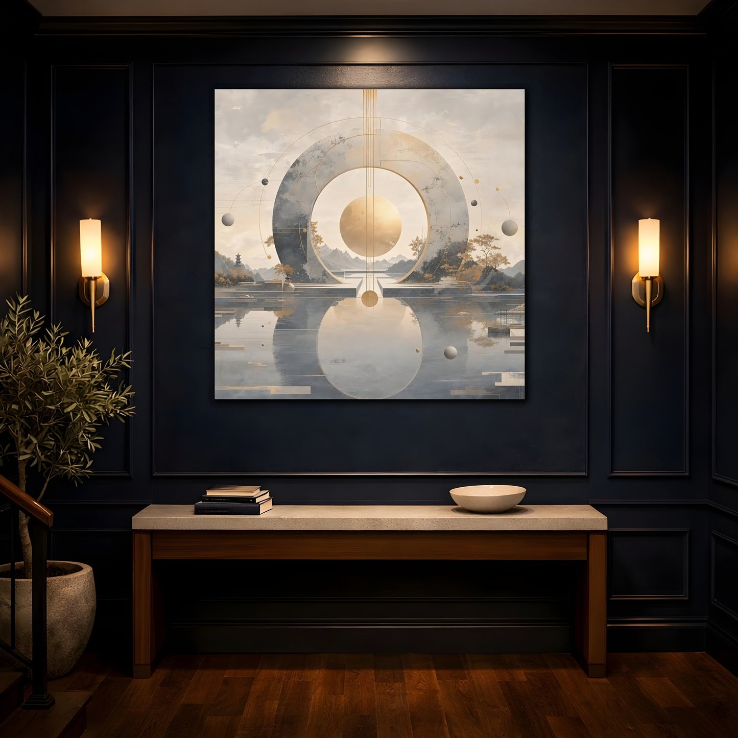 Mockup 4. Abstract Celestial Sphere Golden Sphere shown as stretched canvas wall art