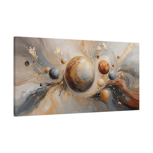 Main Mockup. Abstract Celestial Spheres Gold And Gray shown as stretched canvas wall art