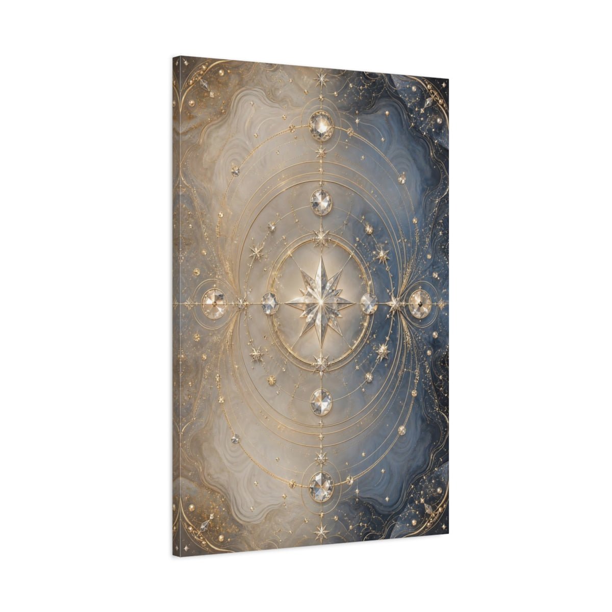 Abstract Celestial Star Blue And Gold Canvas Print – Luxury Living Room, Above Console Table - YesArtYes