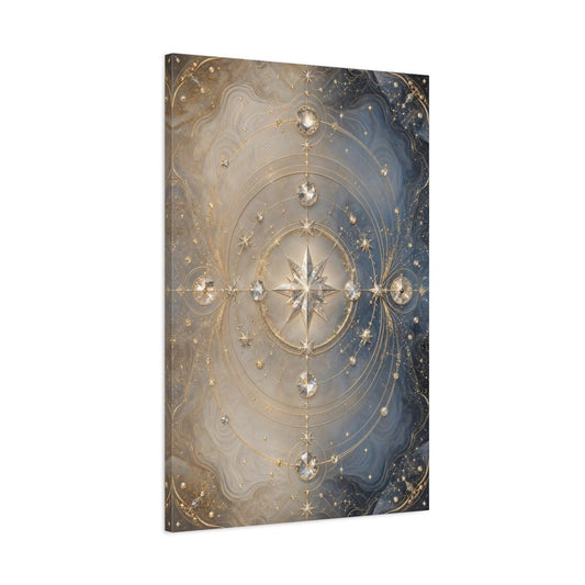 Abstract Celestial Star Blue And Gold Canvas Print – Luxury Living Room, Above Console Table - YesArtYes