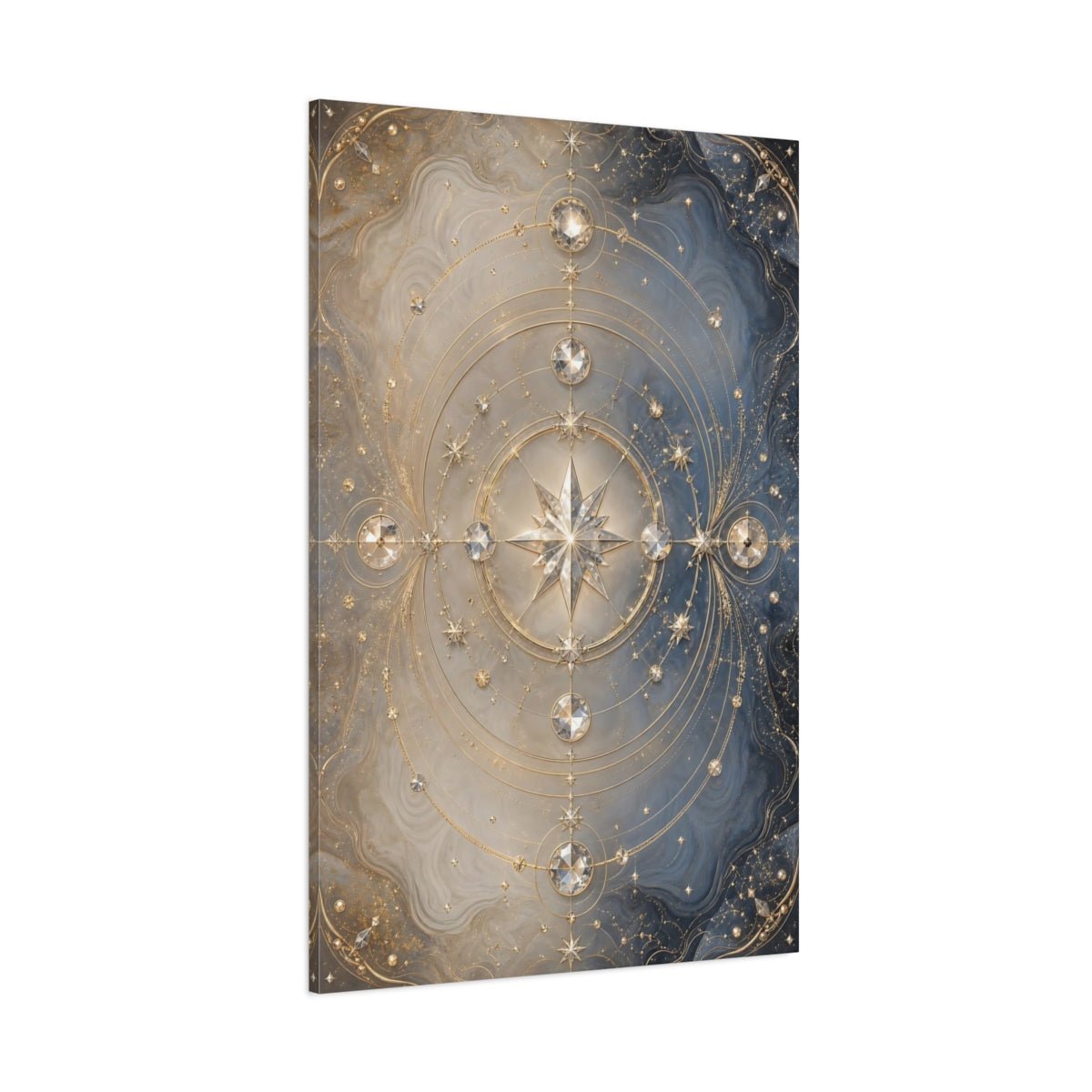 Abstract Celestial Star Blue And Gold Canvas Print – Luxury Living Room, Above Console Table - YesArtYes