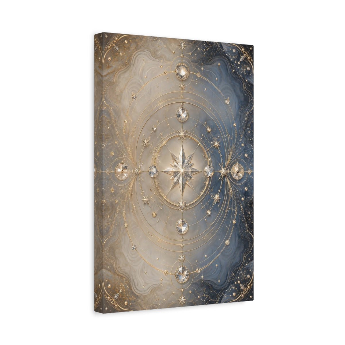 Abstract Celestial Star Blue And Gold Canvas Print – Luxury Living Room, Above Console Table - YesArtYes