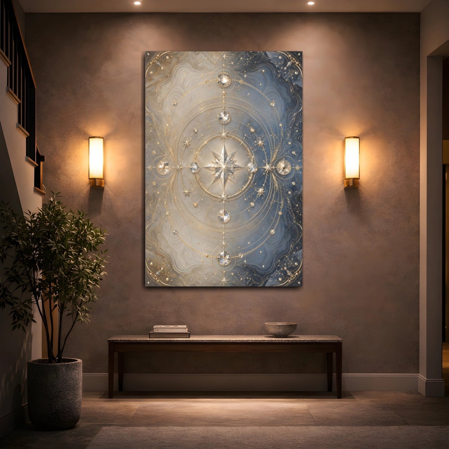 Abstract Celestial Star Blue And Gold Canvas Print – Luxury Living Room, Above Console Table - YesArtYes