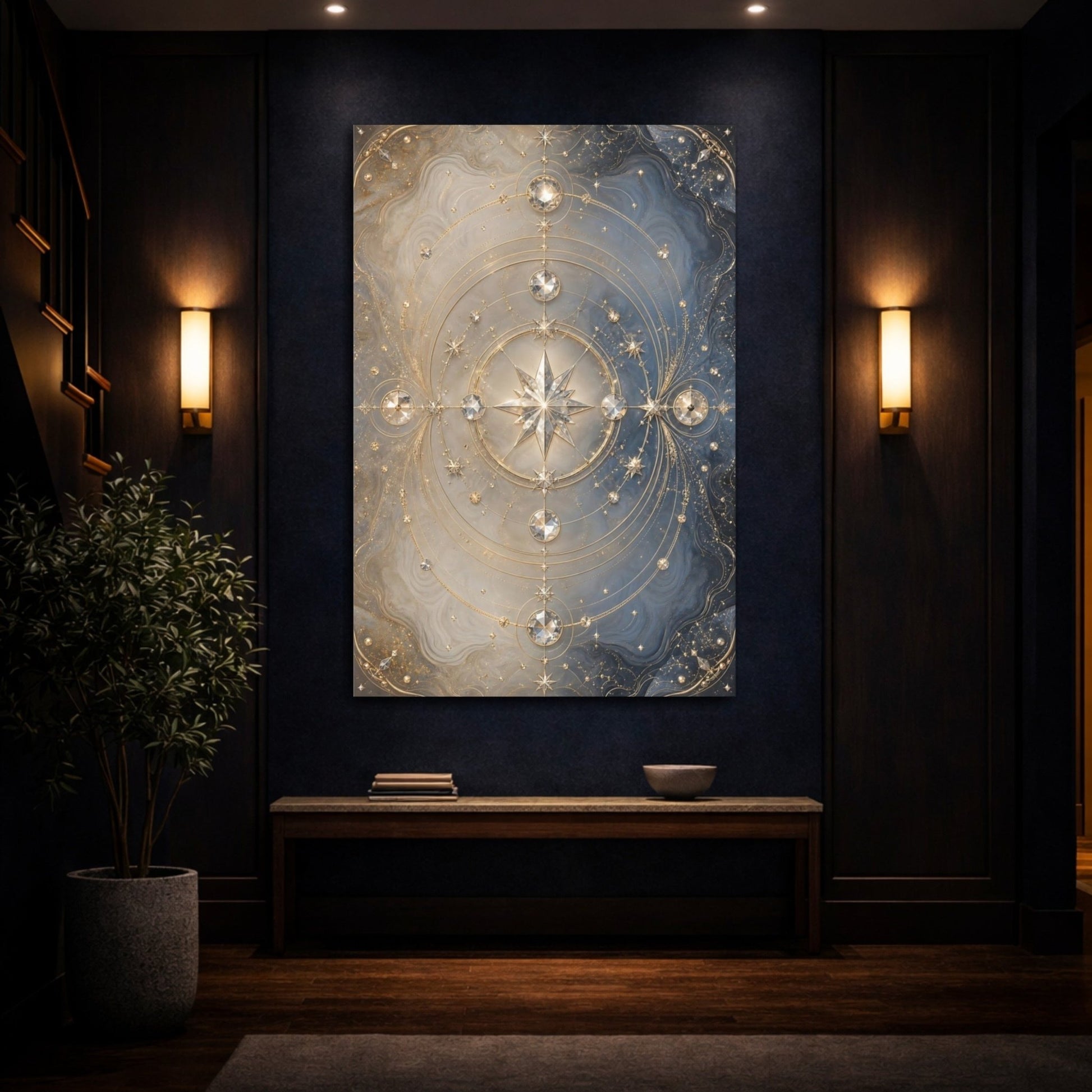 Abstract Celestial Star Blue And Gold Canvas Print – Luxury Living Room, Above Console Table - YesArtYes