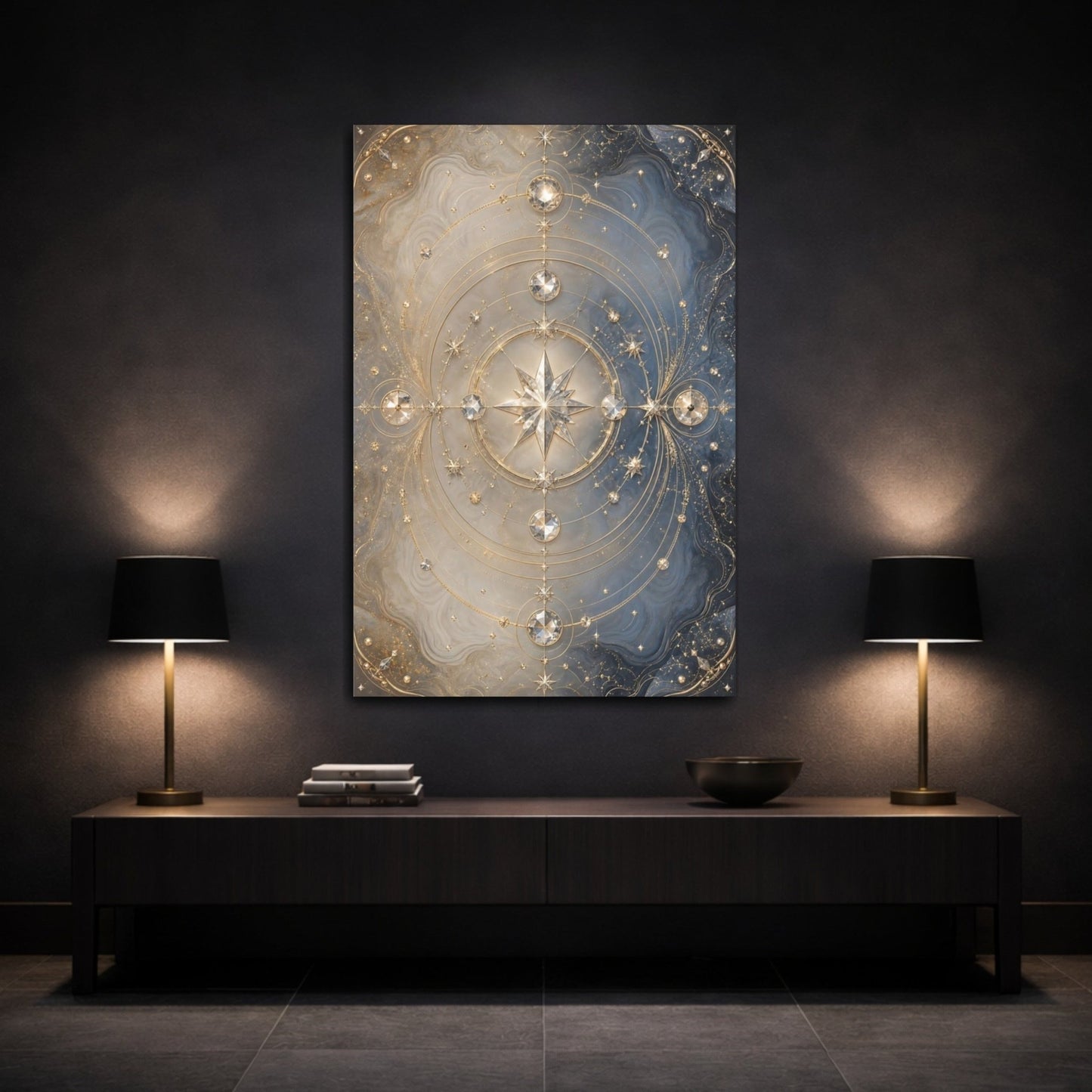 Abstract Celestial Star Blue And Gold Canvas Print – Luxury Living Room, Above Console Table - YesArtYes