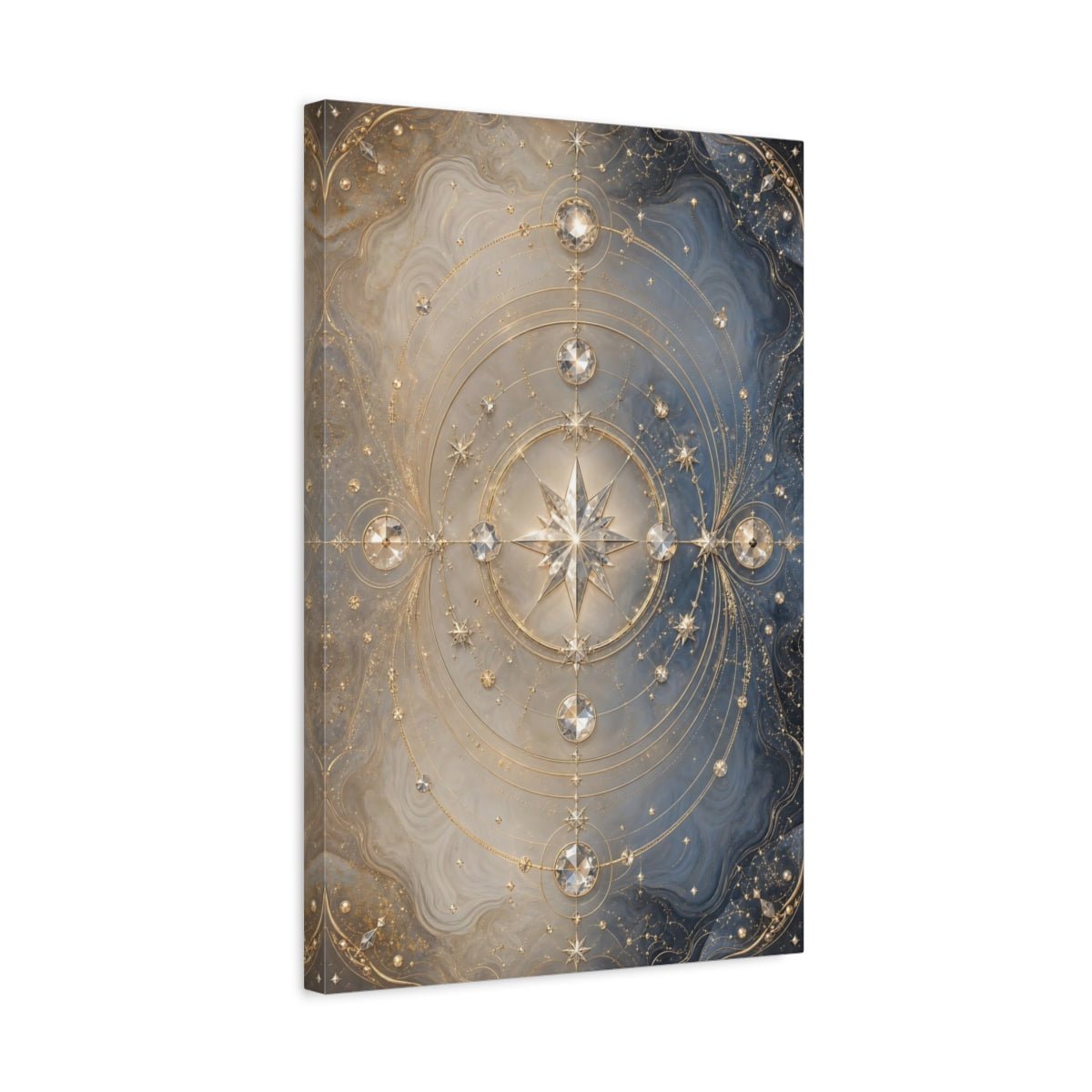 Abstract Celestial Star Blue And Gold Canvas Print – Luxury Living Room, Above Console Table - YesArtYes