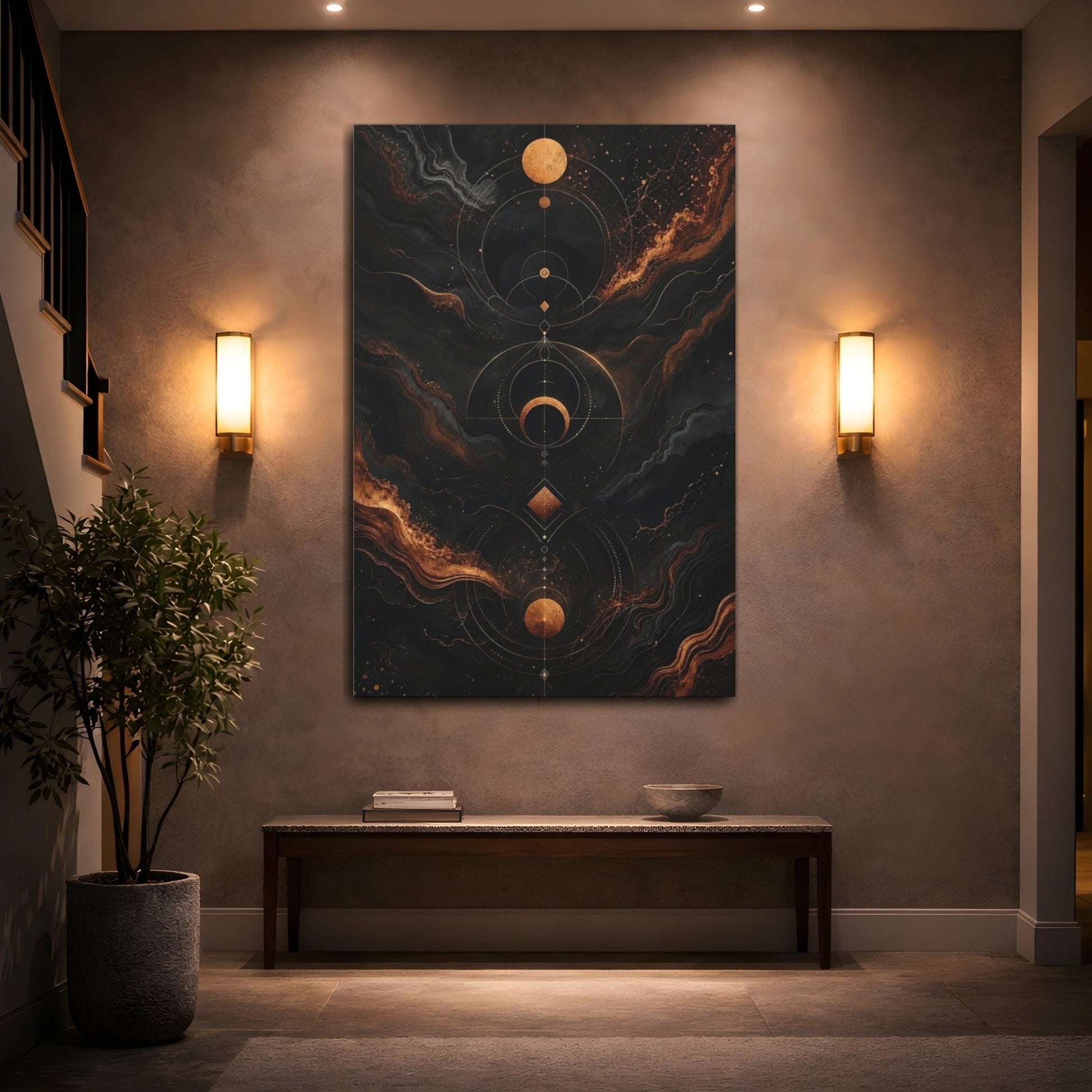 Abstract Celestial Symbols Black And Gold Canvas Wall Art Print – Living Room Decor, Above Couch - YesArtYes