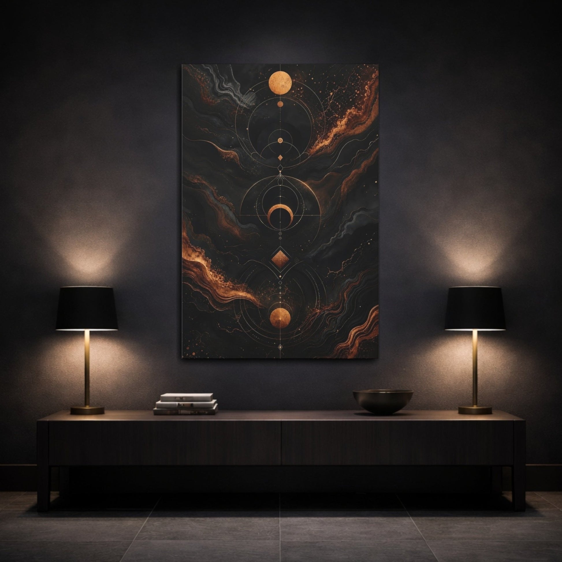 Abstract Celestial Symbols Black And Gold Canvas Wall Art Print – Living Room Decor, Above Couch - YesArtYes