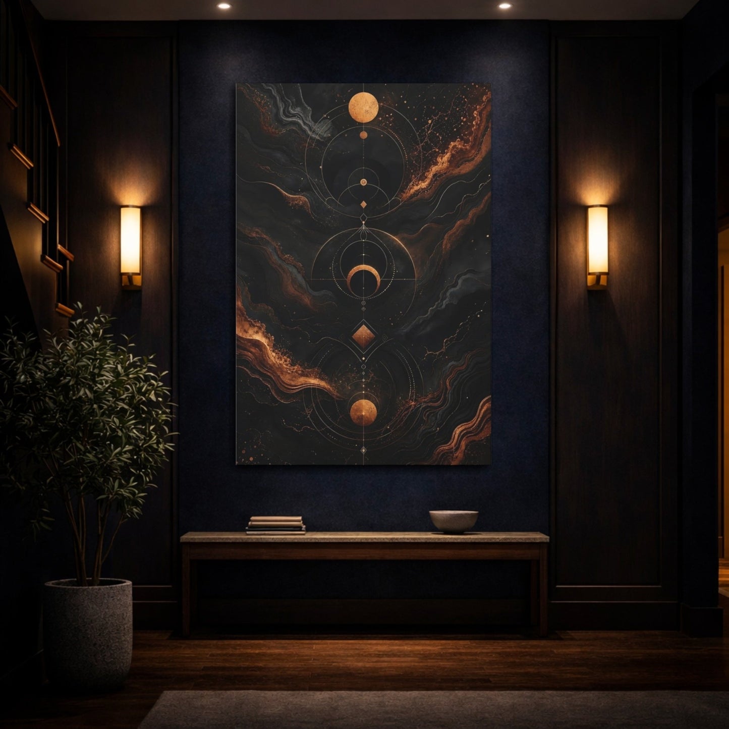Abstract Celestial Symbols Black And Gold Canvas Wall Art Print – Living Room Decor, Above Couch - YesArtYes