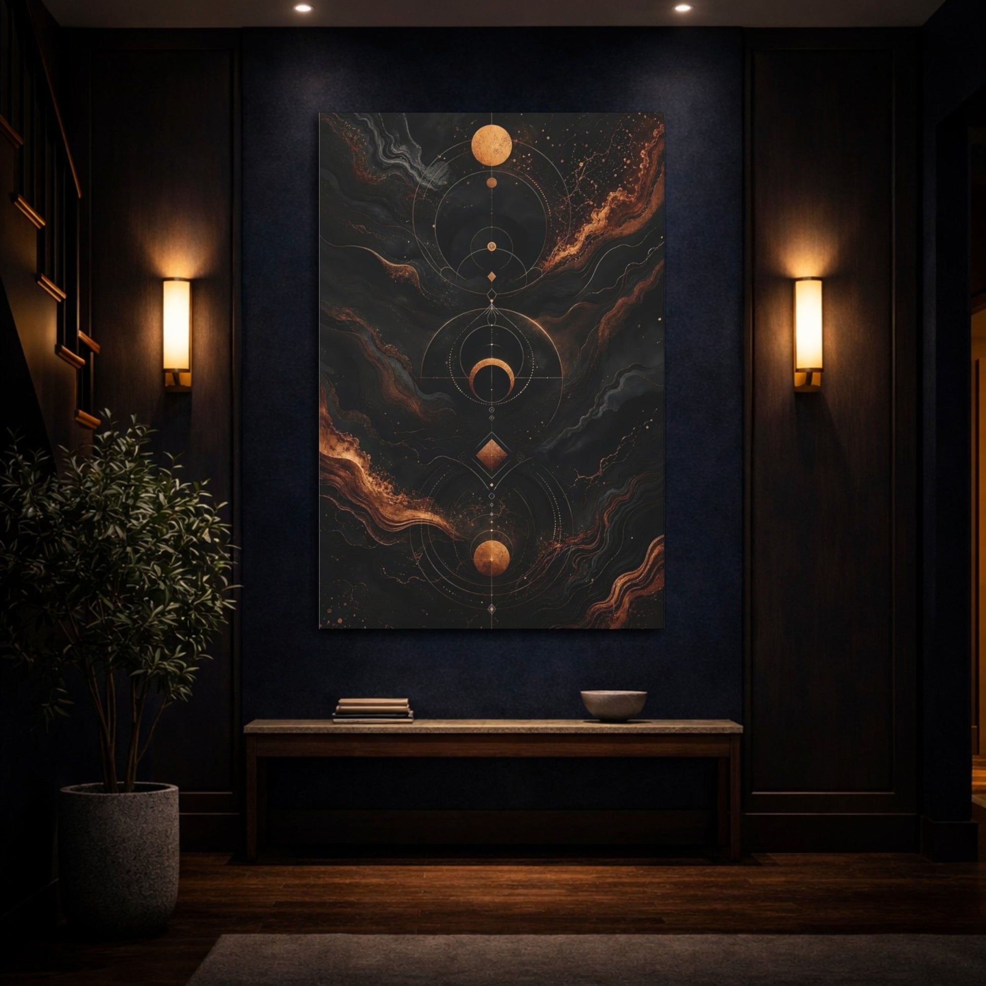 Abstract Celestial Symbols Black And Gold Canvas Wall Art Print – Living Room Decor, Above Couch - YesArtYes