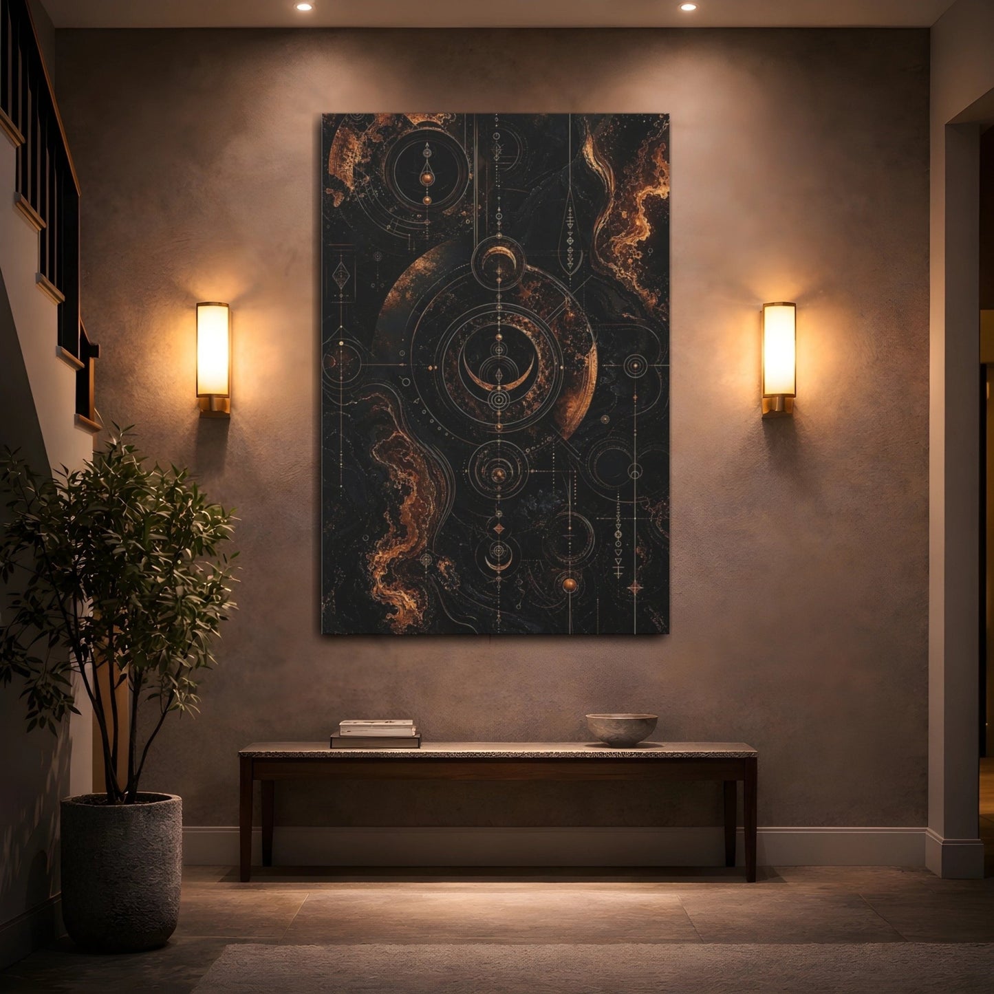 Abstract Celestial Symbols Gold And Black Canvas Wall Art Print – Living Room Decor, Large - YesArtYes