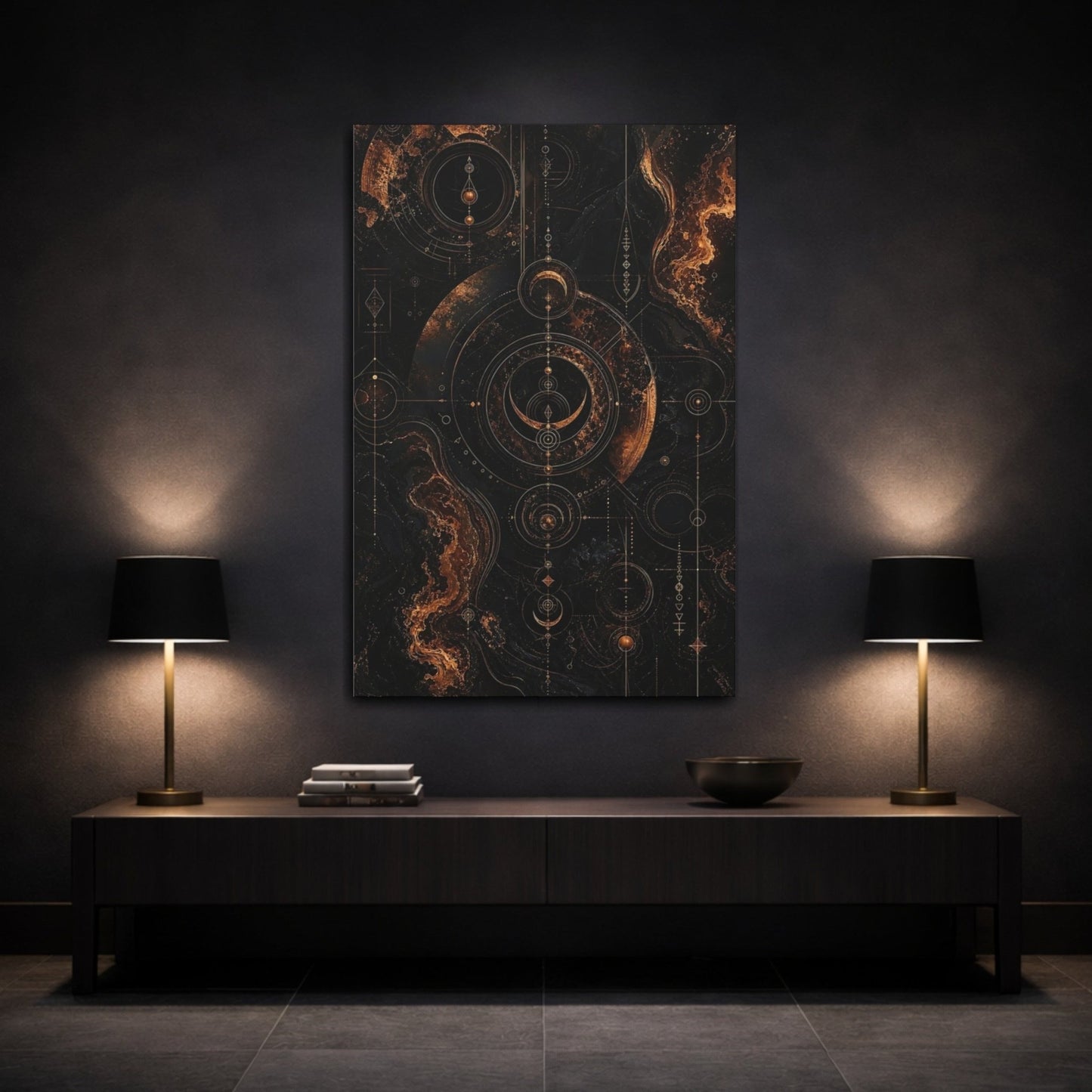 Abstract Celestial Symbols Gold And Black Canvas Wall Art Print – Living Room Decor, Large - YesArtYes