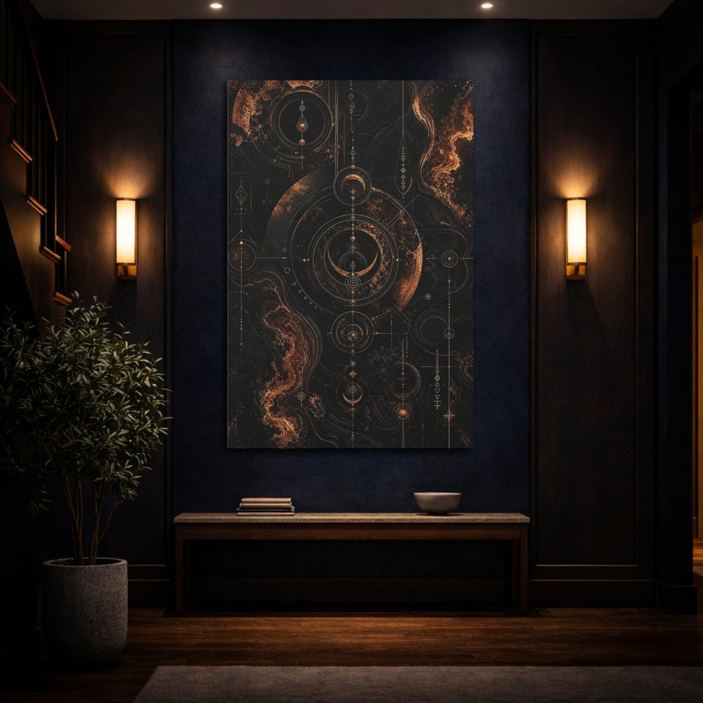 Abstract Celestial Symbols Gold And Black Canvas Wall Art Print – Living Room Decor, Large - YesArtYes