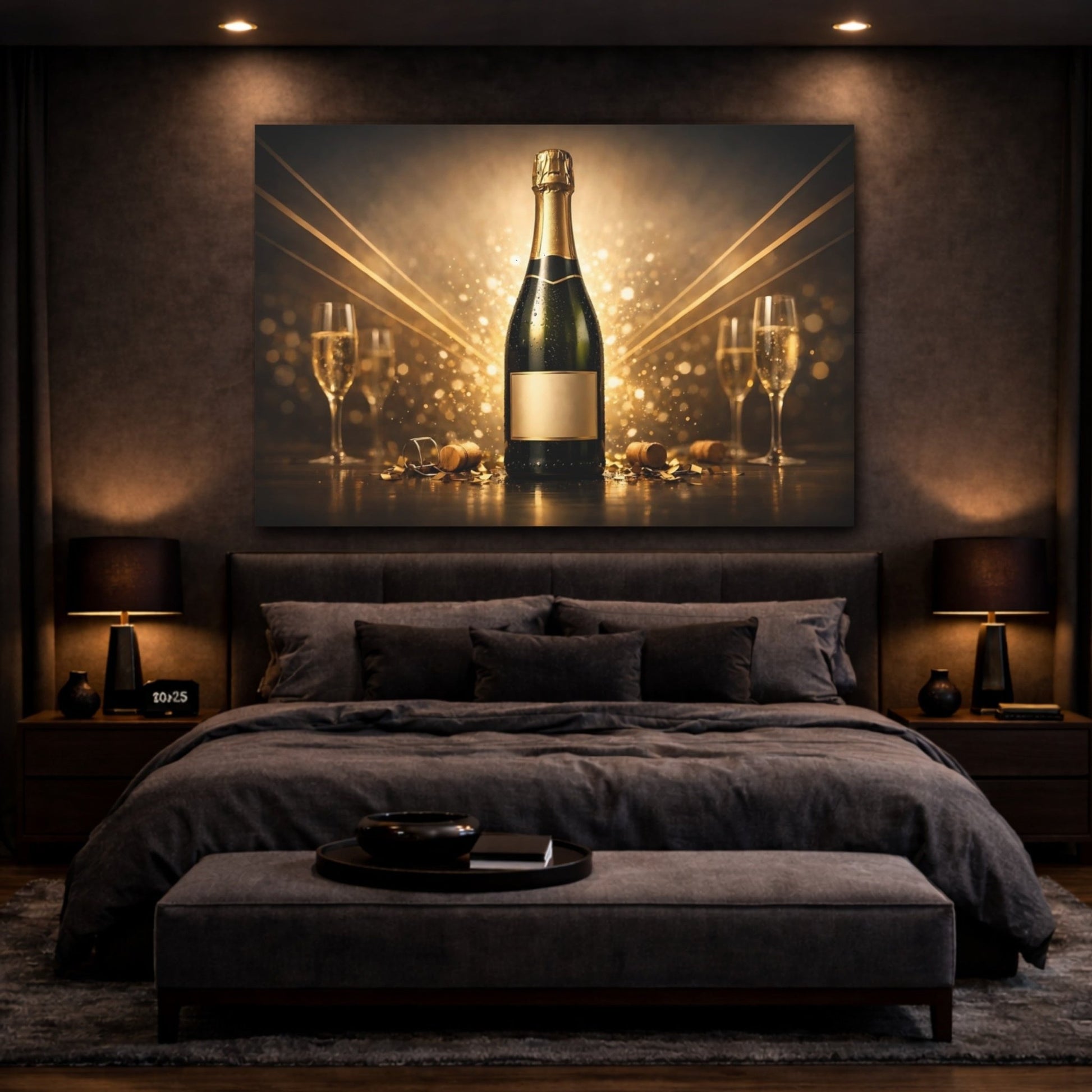 Abstract Champagne Bottle Golden Celebration - Canvas Wall Art Print - YesArtYes