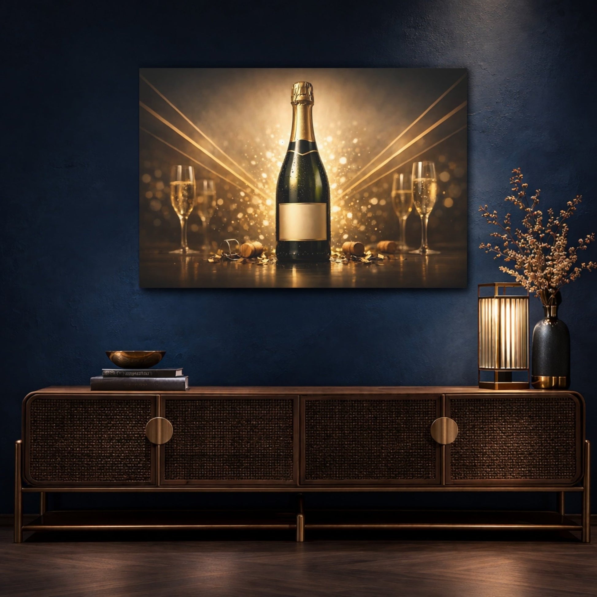 Abstract Champagne Bottle Golden Celebration - Canvas Wall Art Print - YesArtYes