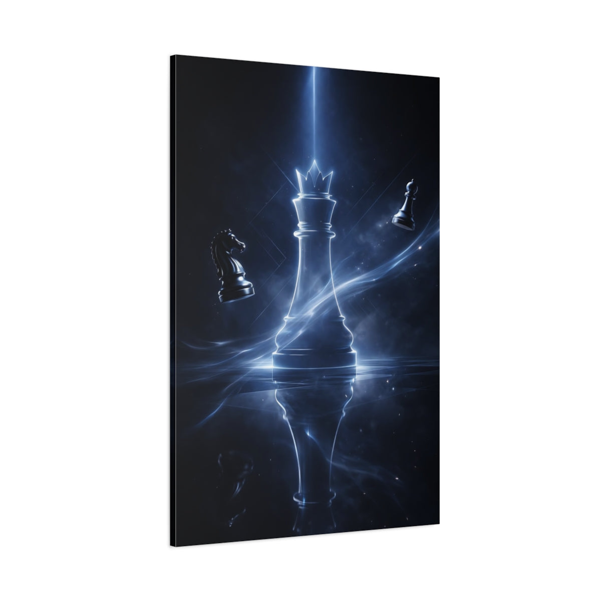 Main Mockup. Abstract Chess King Blue And Black shown as stretched canvas wall art