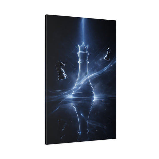 Main Mockup. Abstract Chess King Blue And Black shown as stretched canvas wall art