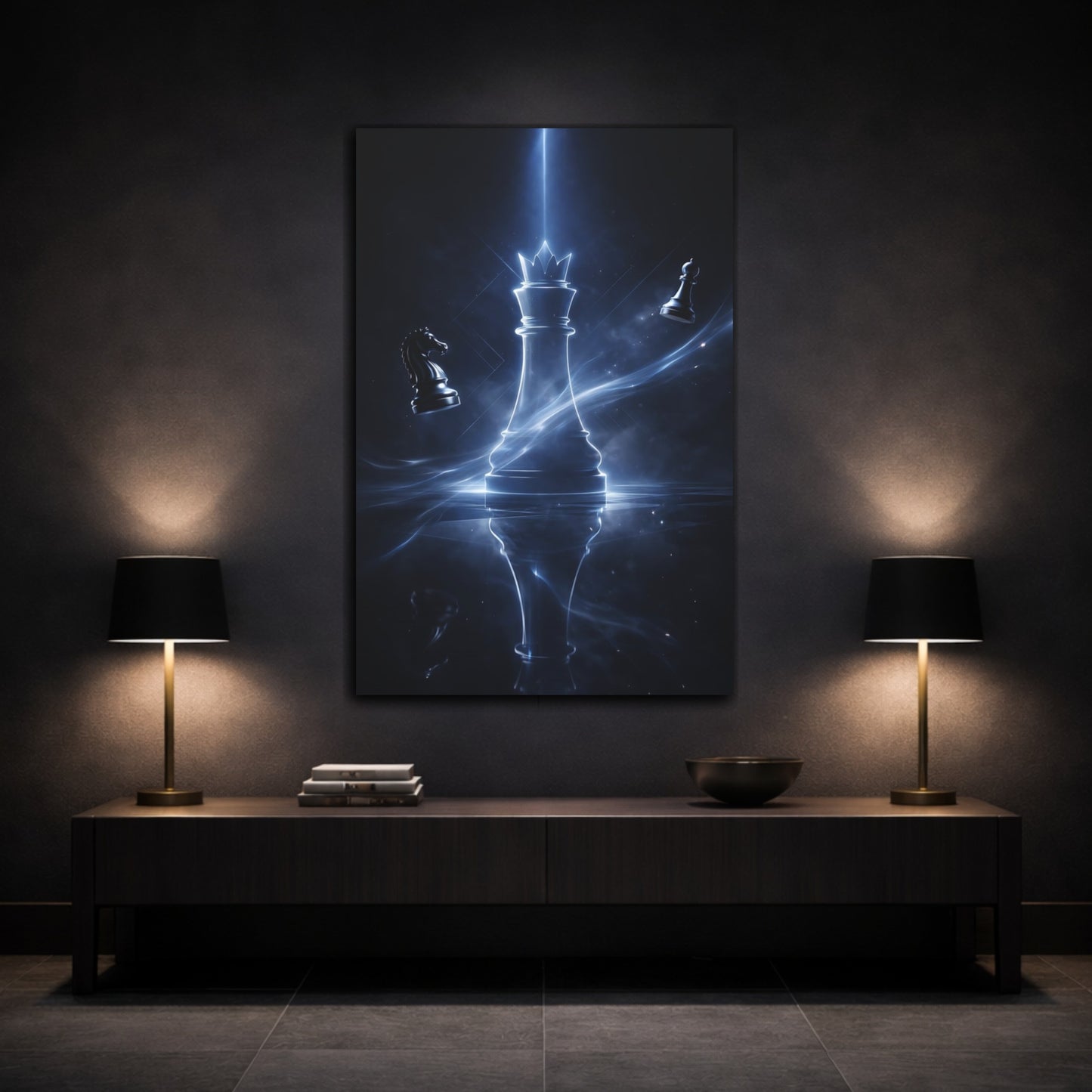 Mockup 2. Abstract Chess King Blue And Black shown as stretched canvas wall art