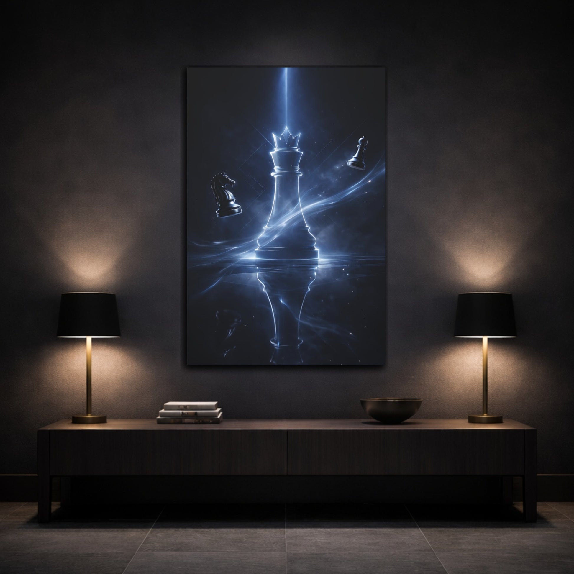 Mockup 2. Abstract Chess King Blue And Black shown as stretched canvas wall art