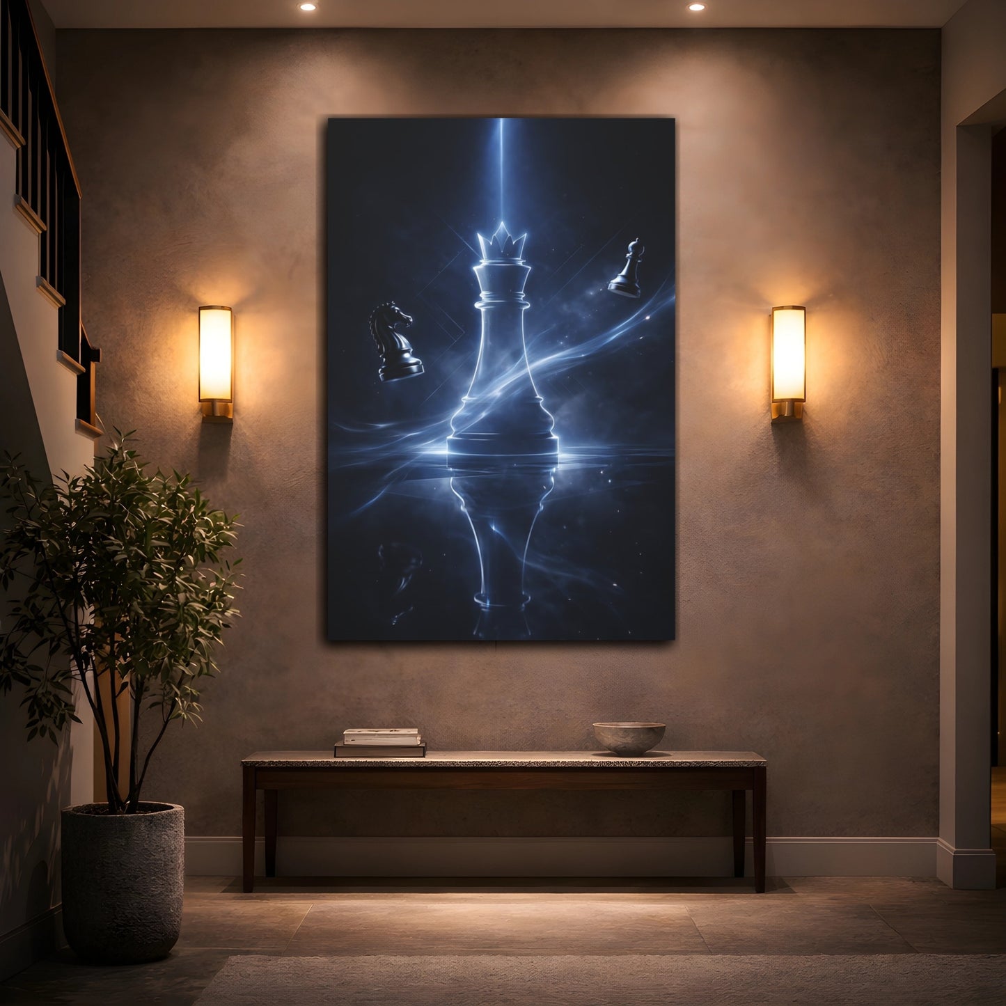 Mockup 3. Abstract Chess King Blue And Black shown as stretched canvas wall art