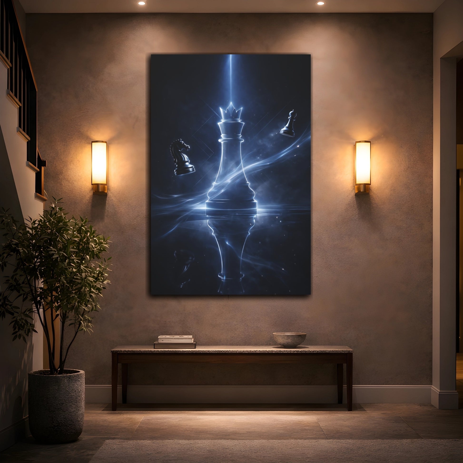 Mockup 3. Abstract Chess King Blue And Black shown as stretched canvas wall art