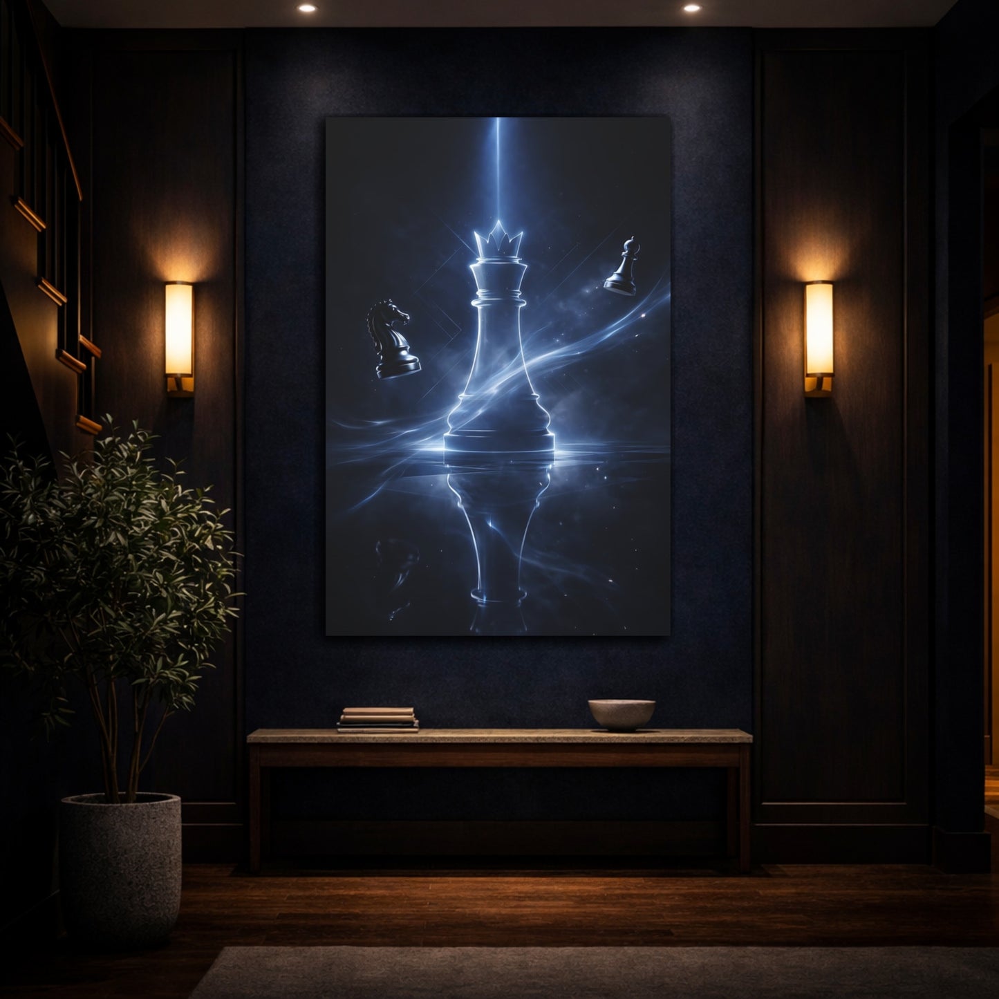 Mockup 4. Abstract Chess King Blue And Black shown as stretched canvas wall art