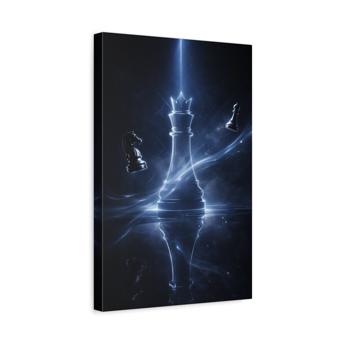 Side Mockup 4. Abstract Chess King Blue And Black shown as stretched canvas wall art