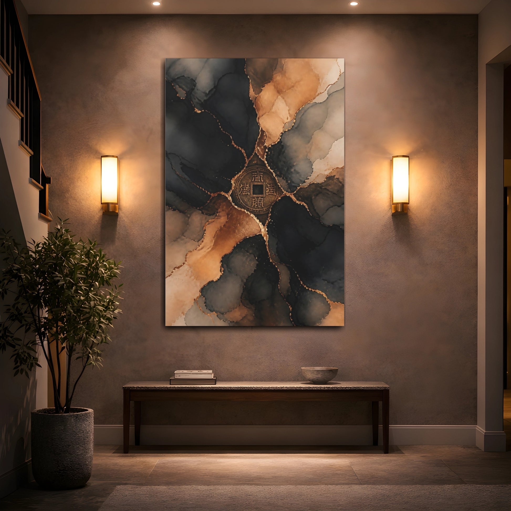 Mockup 2. Abstract Chinese Coin Black Gold Abstract shown as stretched canvas wall art
