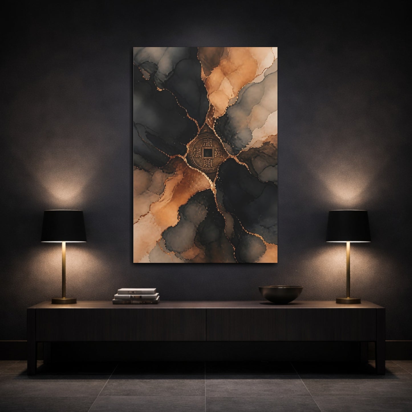 Mockup 3. Abstract Chinese Coin Black Gold Abstract shown as stretched canvas wall art
