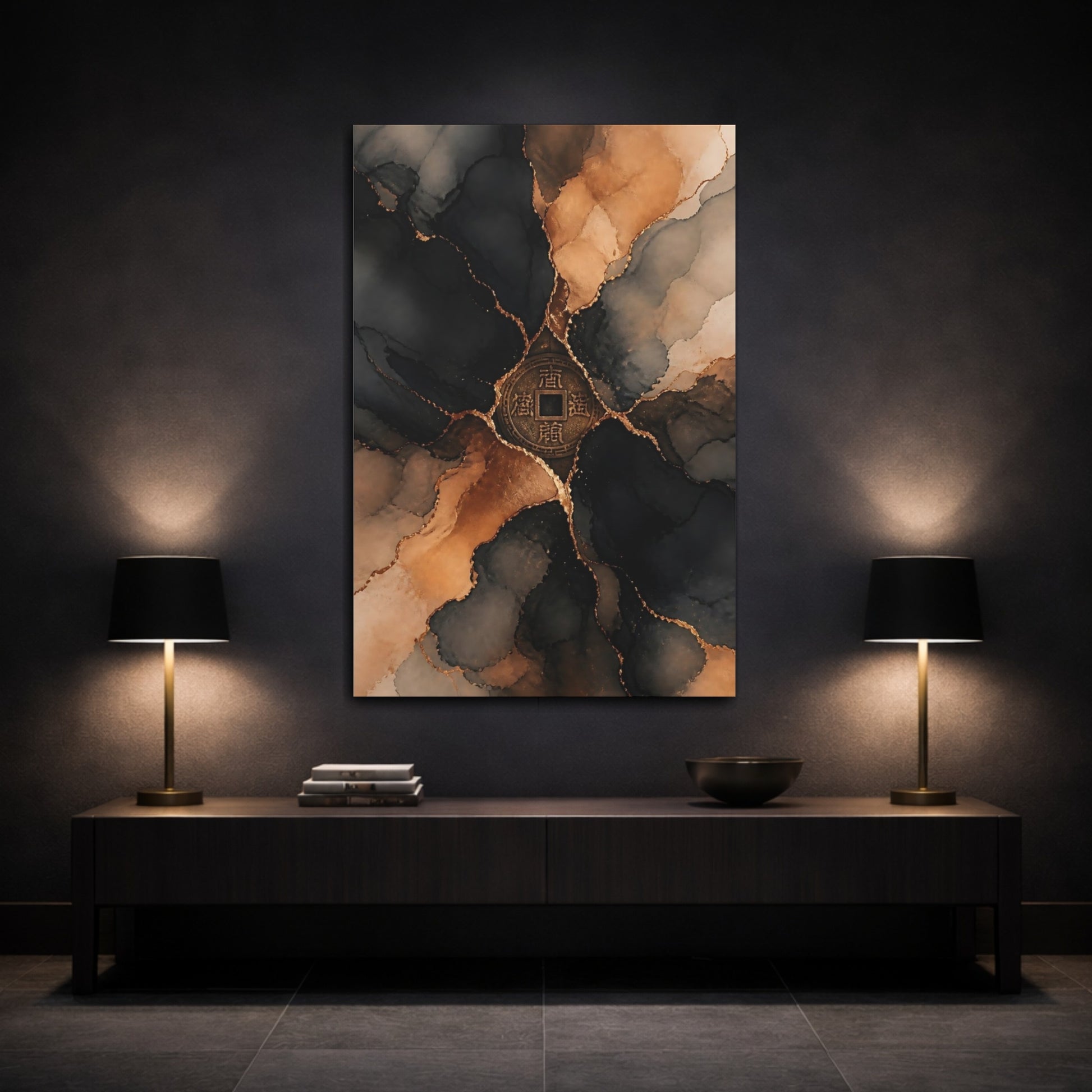 Mockup 3. Abstract Chinese Coin Black Gold Abstract shown as stretched canvas wall art