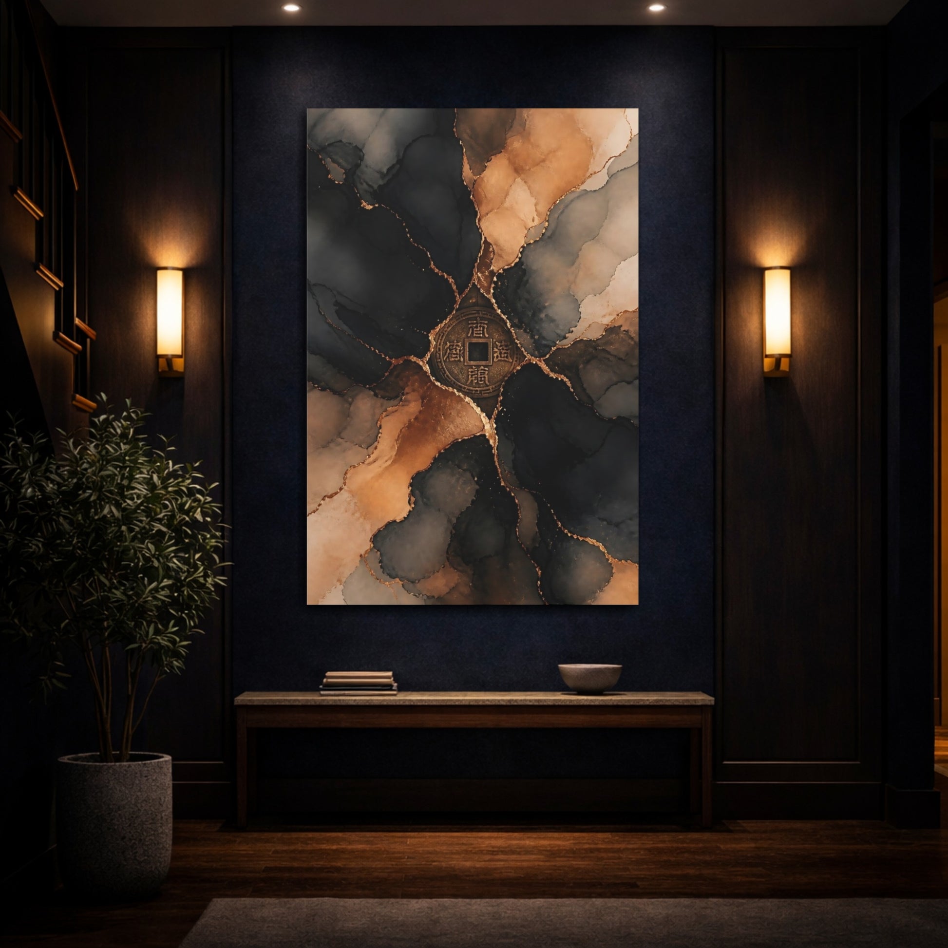 Mockup 4. Abstract Chinese Coin Black Gold Abstract shown as stretched canvas wall art