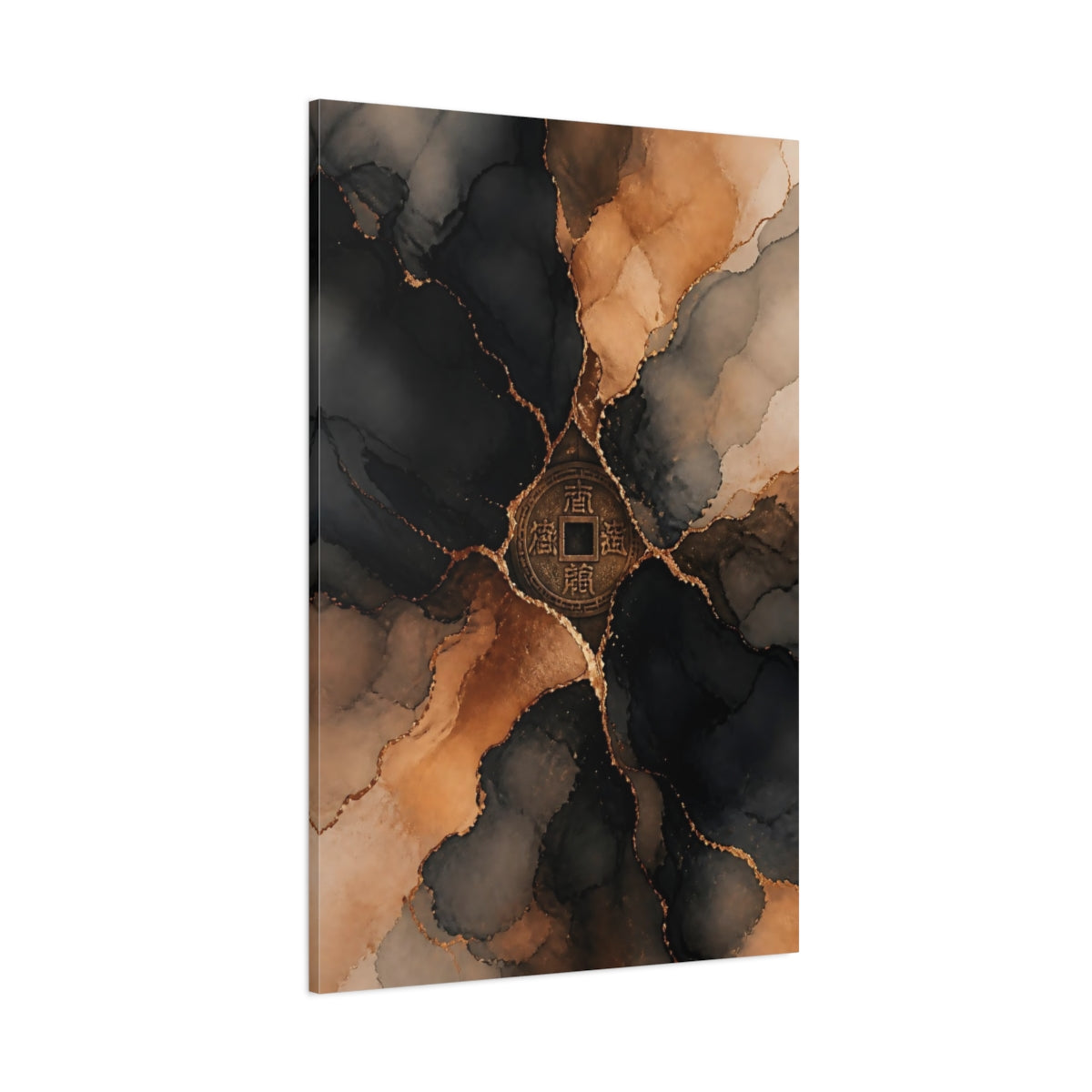 Side Mockup 1. Abstract Chinese Coin Black Gold Abstract shown as stretched canvas wall art