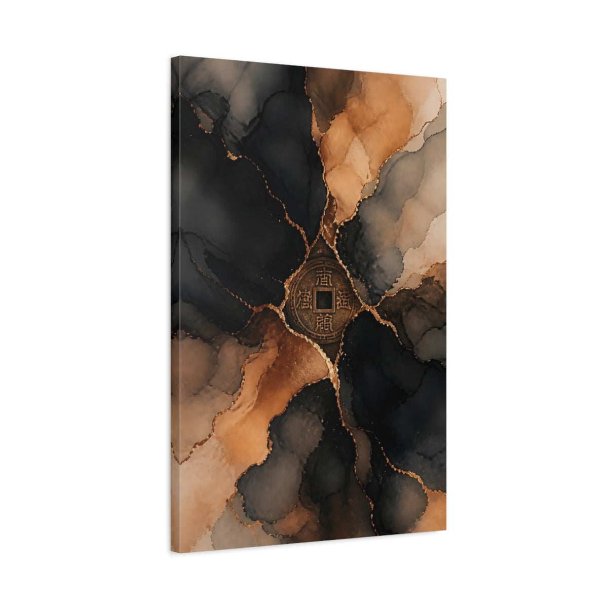 Side Mockup 2. Abstract Chinese Coin Black Gold Abstract shown as stretched canvas wall art