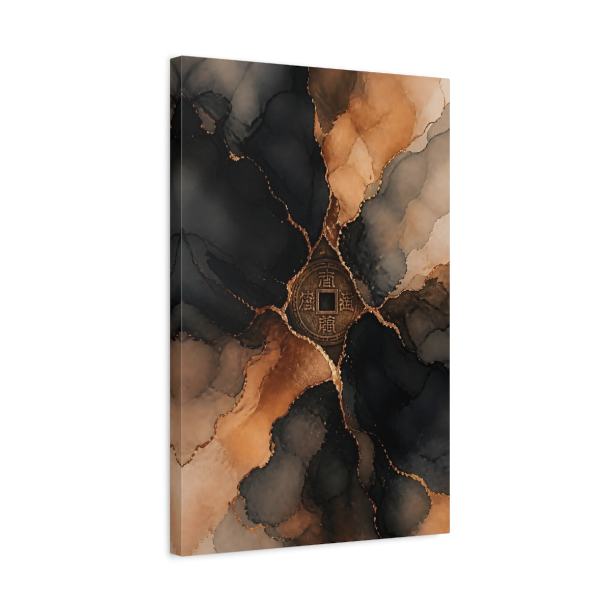 Side Mockup 3. Abstract Chinese Coin Black Gold Abstract shown as stretched canvas wall art