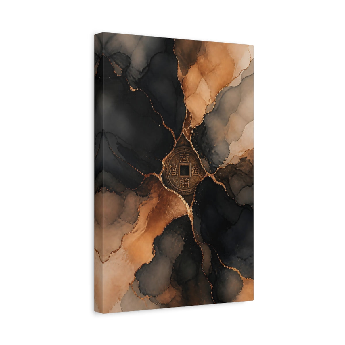 Side Mockup 4. Abstract Chinese Coin Black Gold Abstract shown as stretched canvas wall art