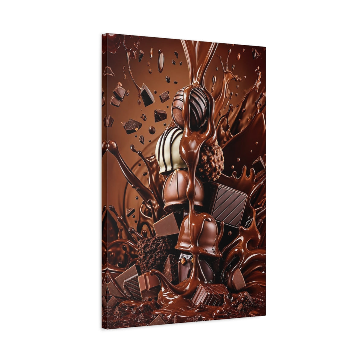 Side Mockup 2. Abstract Chocolate Rich Brown Chocolate shown as stretched canvas wall art