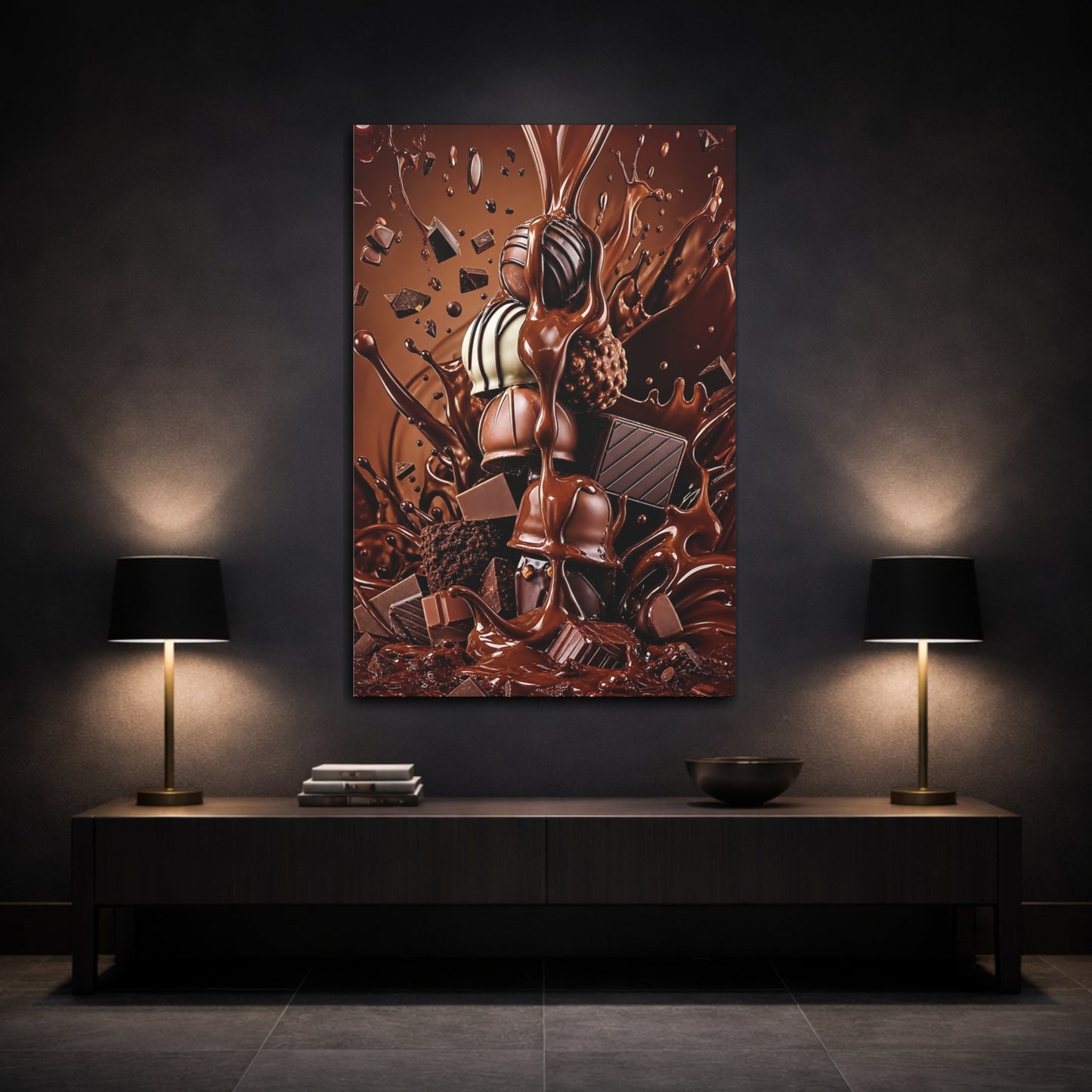 Mockup 3. Abstract Chocolate Rich Brown Chocolate shown as stretched canvas wall art