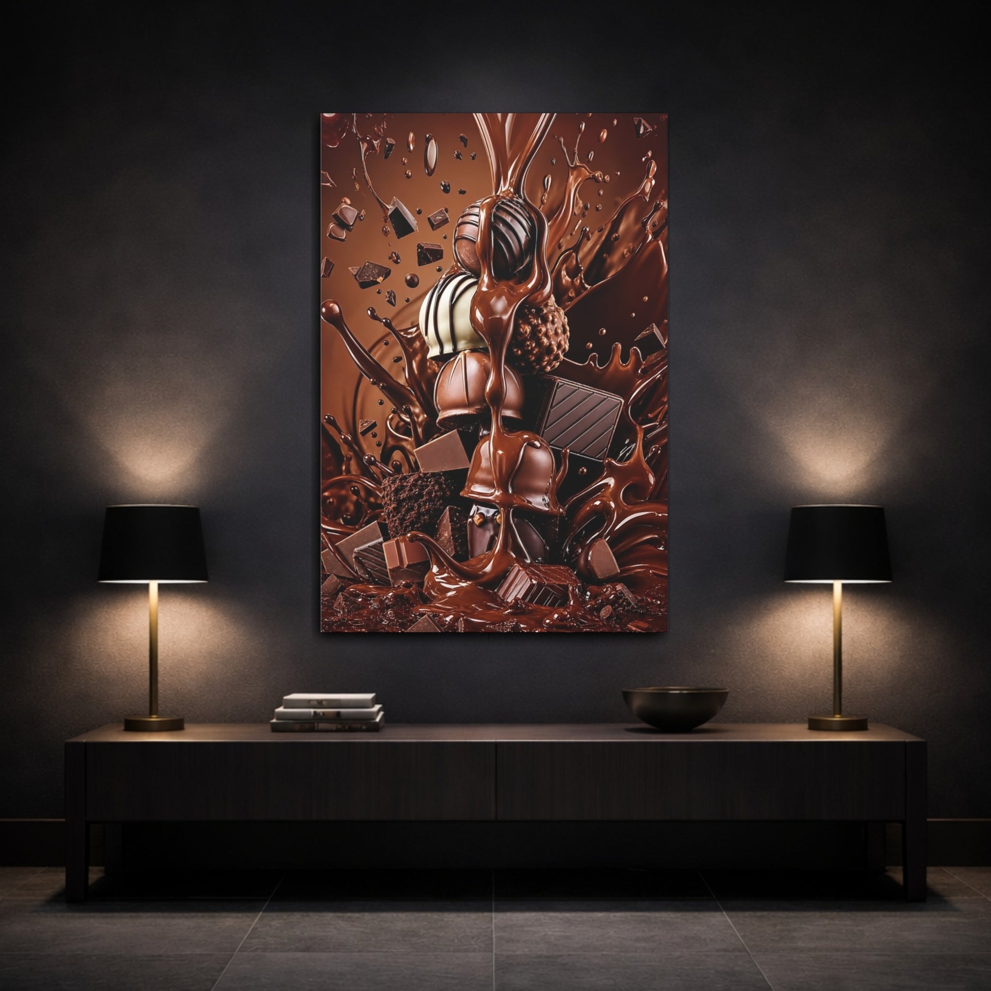 Mockup 3. Abstract Chocolate Rich Brown Chocolate shown as stretched canvas wall art