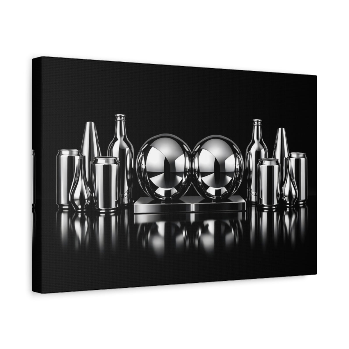Side Mockup 4. Abstract Chrome Objects Black And Chrome shown as stretched canvas wall art