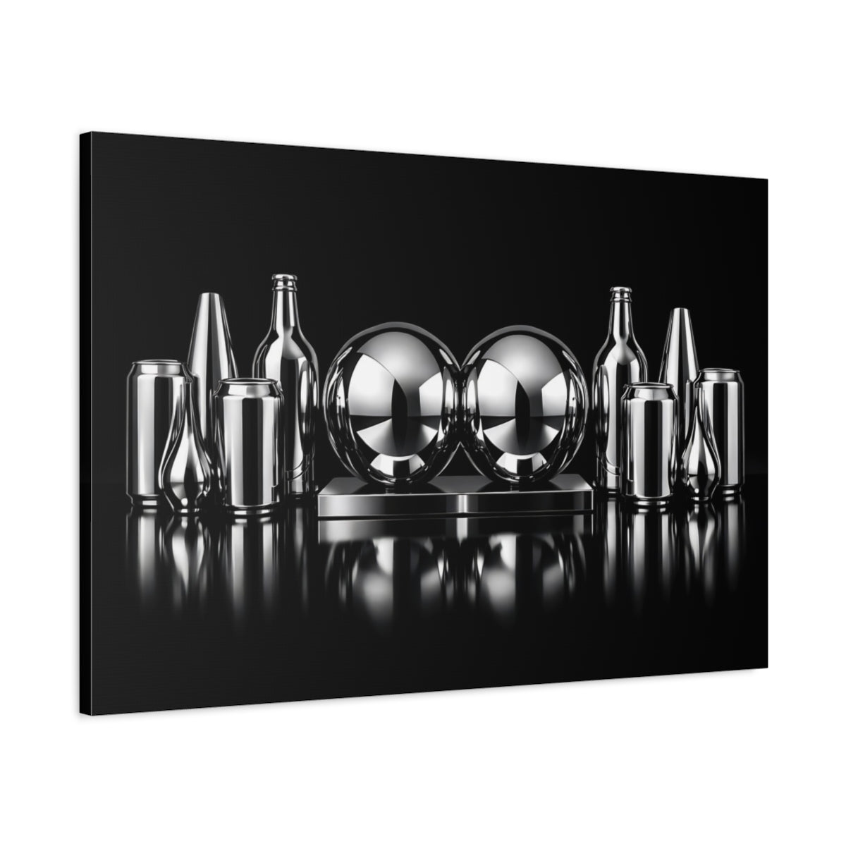 Side Mockup 1. Abstract Chrome Objects Black And Chrome shown as stretched canvas wall art