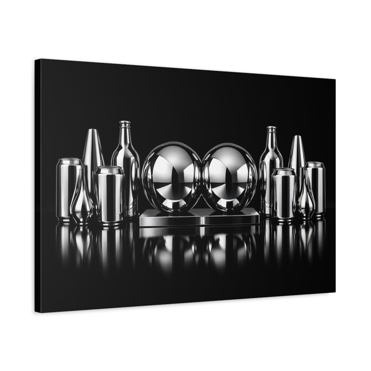 Side Mockup 2. Abstract Chrome Objects Black And Chrome shown as stretched canvas wall art