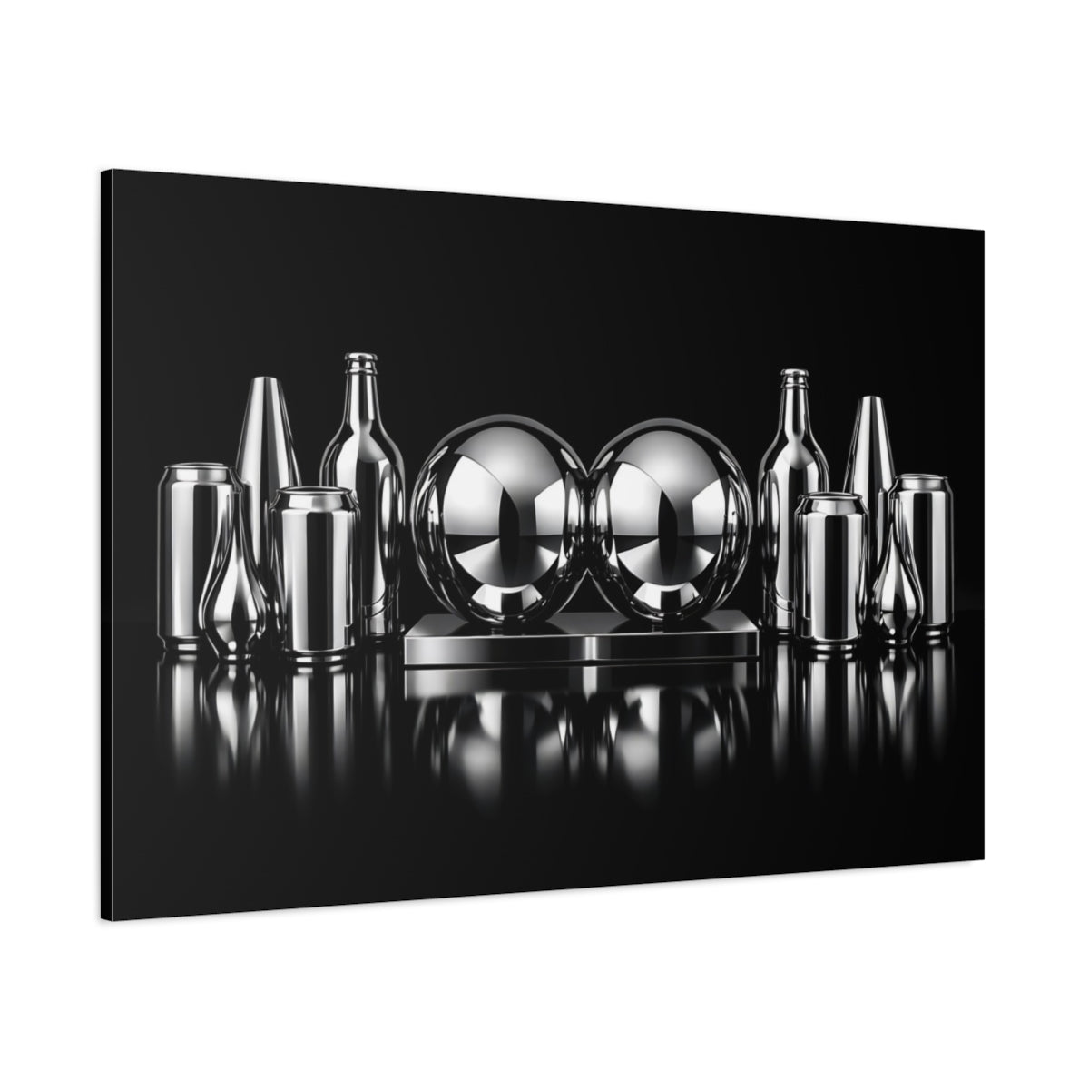 Main Mockup. Abstract Chrome Objects Black And Chrome shown as stretched canvas wall art