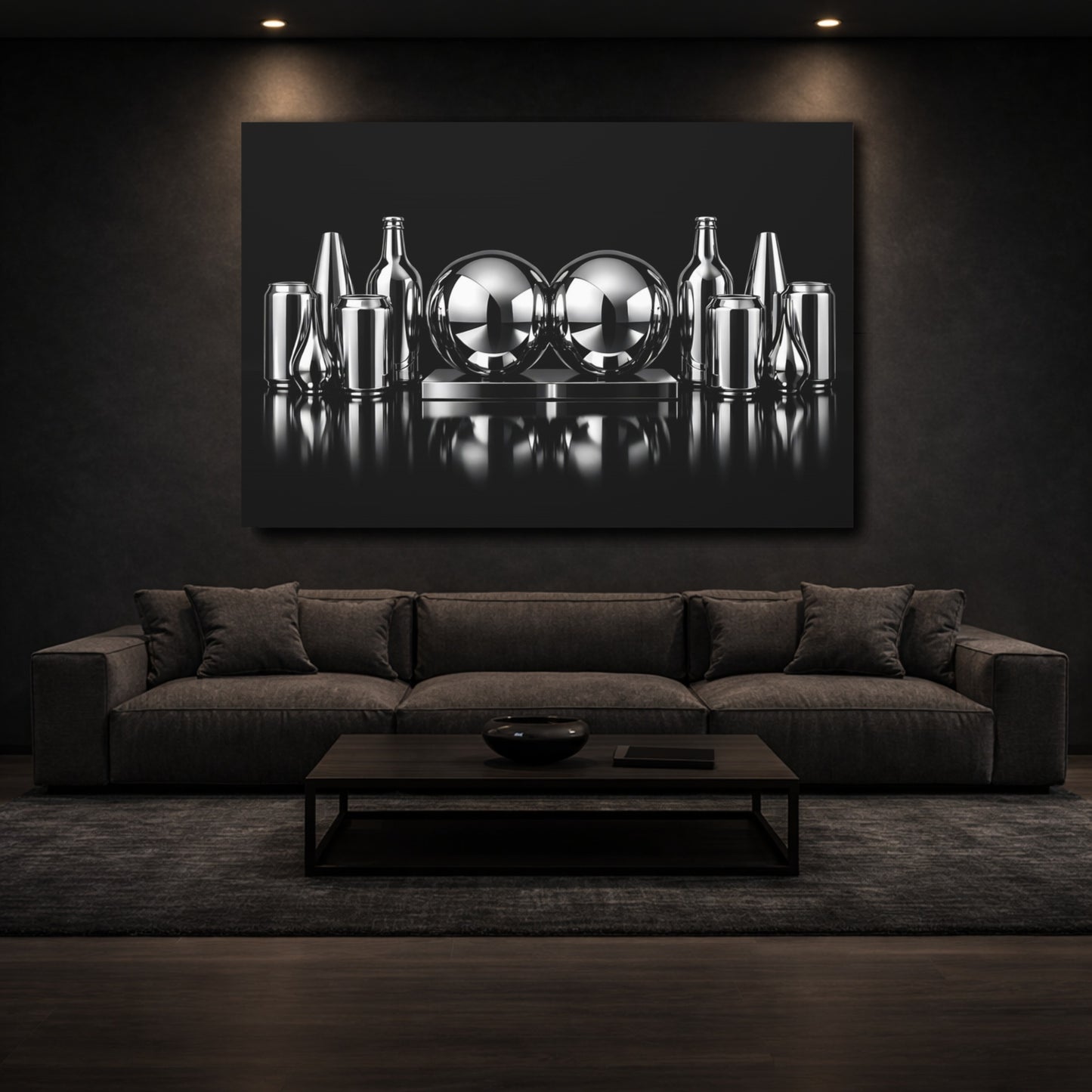 Mockup 2. Abstract Chrome Objects Black And Chrome shown as stretched canvas wall art